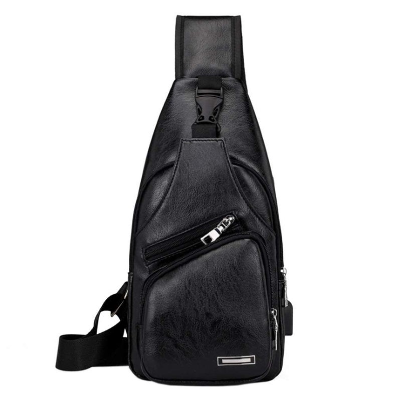Hebetag Leather Sling Crossbody Bag Travel Backpack for Men Women Small Shoulder Pack Chest Bags with USB Charging Port Outdoor Hiking Camping Daypacks Black - Image 1